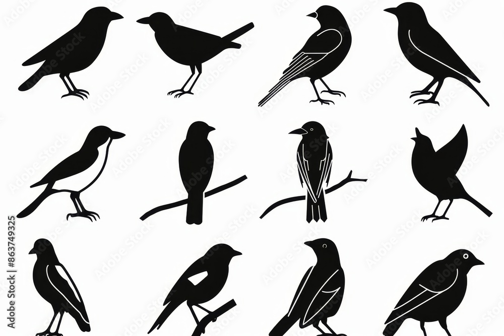 Bird icon set, black and white sparrow symbols, bird sign collection, wild animal pictograms on white Bird icon set, black and white sparrow symbols, bird sign collection, wild animal pictograms on white