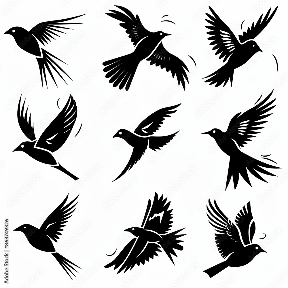 Bird icon set, black and white silhouettes, sparrow symbols, bird sign collection, graffiti spray Bird icon set, black and white silhouettes, sparrow symbols, bird sign collection, graffiti spray