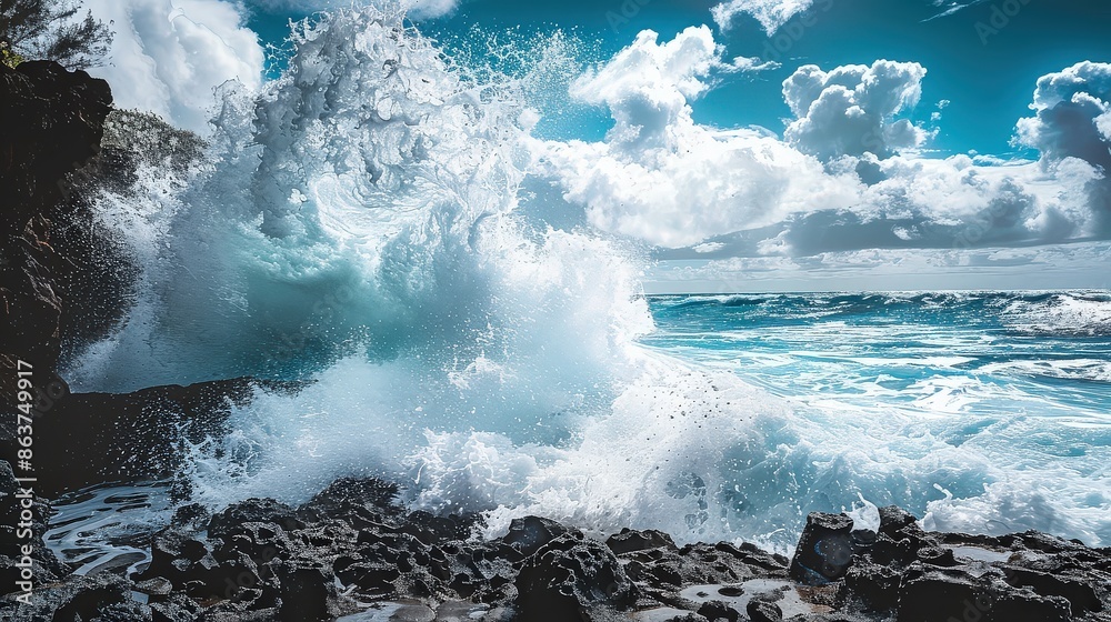Fototapeta premium Massive Ocean Wave Crashing on Rocky Shore