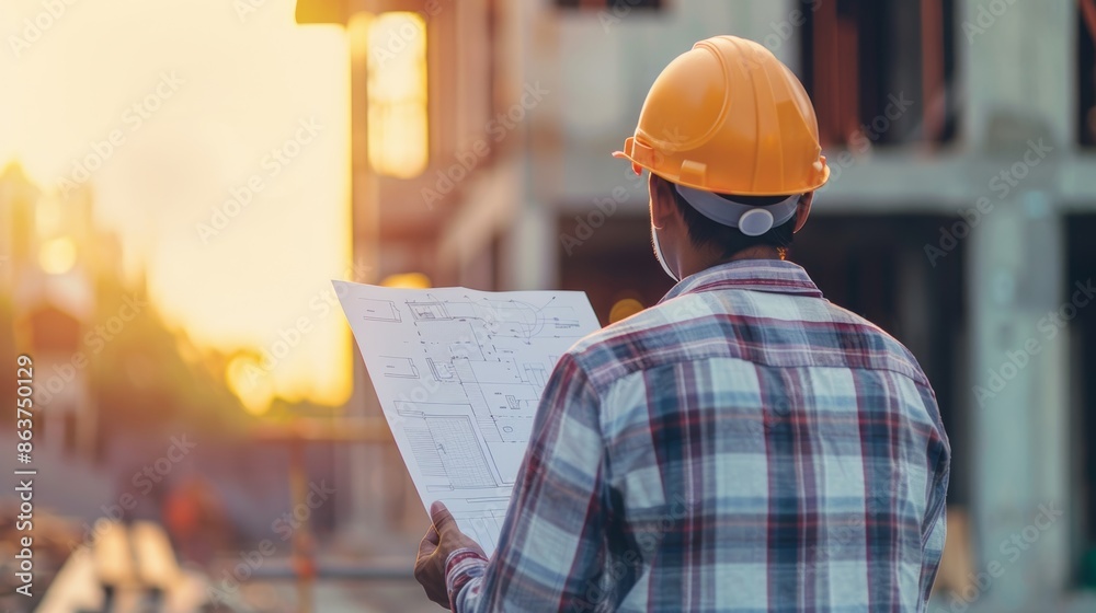 Young professional engineer (from behind) with protective helmet and blueprint paper at house construction site Young professional engineer (from behind) with protective helmet and blueprint paper at house construction site