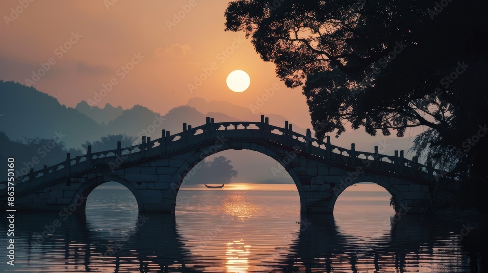 Chinese stone bridge silhouette against sunset in Hangzhou with refined composition and vibrant colors for stunning visual impact. Chinese stone bridge silhouette against sunset in Hangzhou with refined composition and vibrant colors for stunning visual impact.