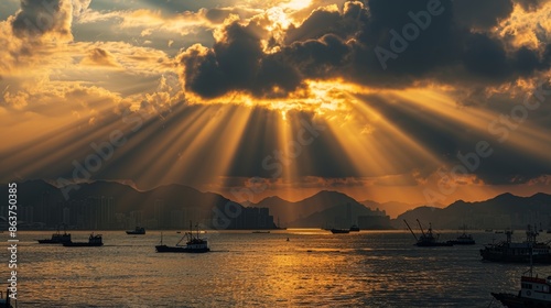 silhouette of city harbor with crepuscular rays for stunning effect.