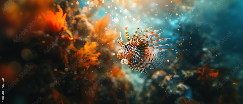 Obraz premium underawater macro detail of a lion fish, with empty copy space, 