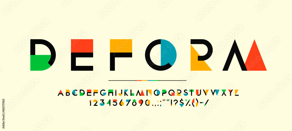 Color geometry font, modern art type, creative english alphabet typeface vector typography set. Rainbow geometric shapes abc with abstract letters and numbers of colorful triangles, squares, circles