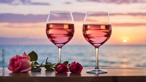 two glasses of red wine on the beach,sun and water back geround photo