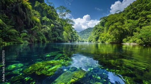 A sweeping view of a tropical rainforest with a crystal-clear river flowing through it, reflecting the lush greenery and open sky above.