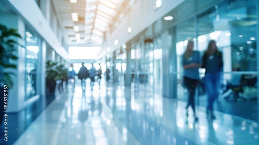 A blurred background of a wide passageway in a modern office building, with people walking and interacting A blurred background of a wide passageway in a modern office building, with people walking and interacting