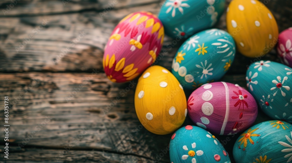 Vibrant Easter Eggs on Wooden Surface Vibrant Easter Eggs on Wooden Surface