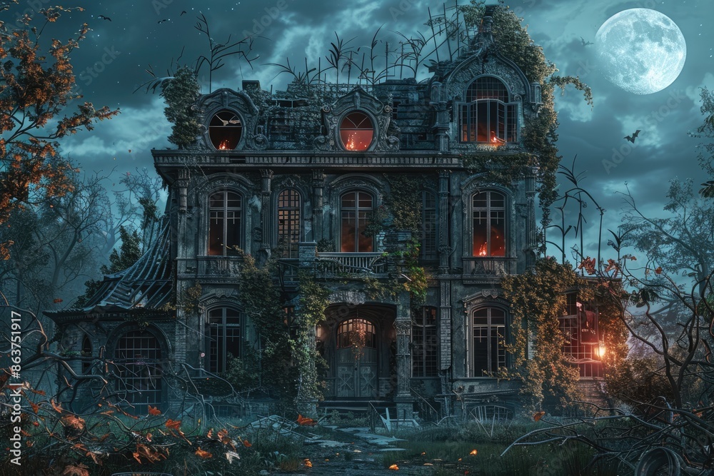A spooky haunted house with broken windows, overgrown vines, and glowing lights inside, set against a backdrop of a full moon and a cloudy night sky A spooky haunted house with broken windows, overgrown vines, and glowing lights inside, set against a backdrop of a full moon and a cloudy night sky