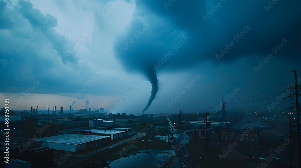 Destructive tornado drops from sky, looming ominously over factories and buildings in urban industrial area. Destructive tornado drops from sky, looming ominously over factories and buildings in urban industrial area.