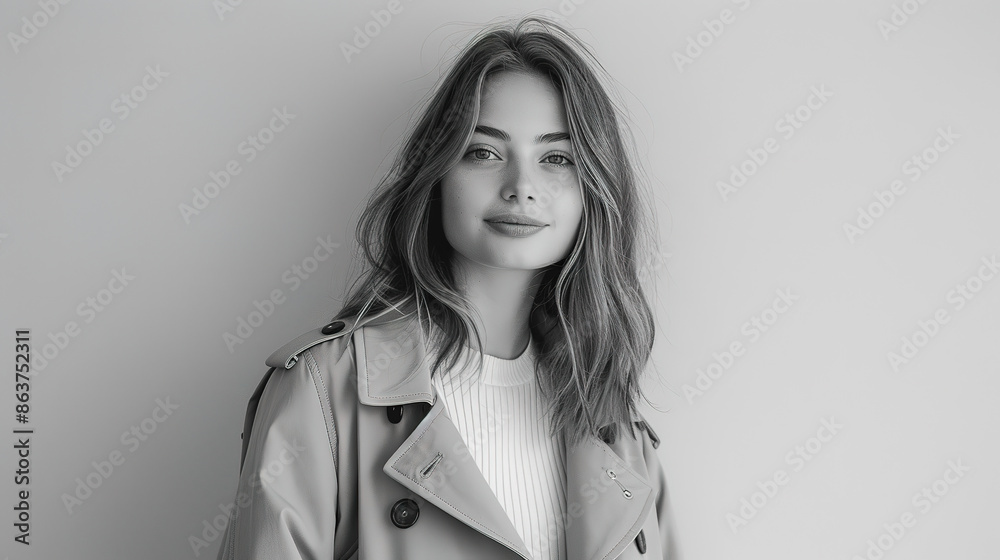A young female model, leaning casually against a wall with a slight smile, against a solid white background. She is dressed in a stylish trench coat and skinny jeans, her hair is straight A young female model, leaning casually against a wall with a slight smile, against a solid white background. She is dressed in a stylish trench coat and skinny jeans, her hair is straight