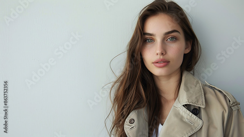 A young female model, leaning casually against a wall with a slight smile, against a solid white background. She is dressed in a stylish trench coat and skinny jeans, her hair is straight  © Uwe