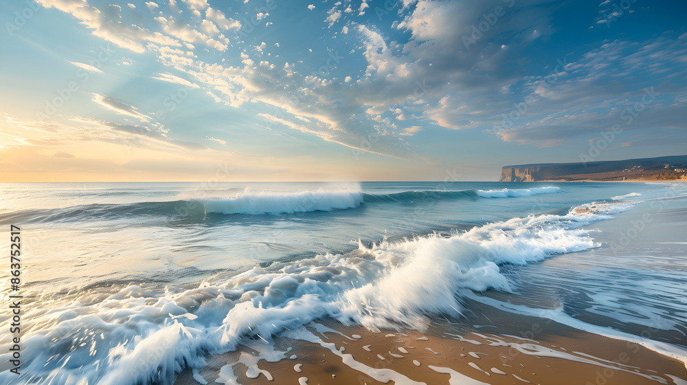 Rocky coast with crashing waves under bright blue sky, peaceful and serene atmosphere captured perfectly. Rocky coast with crashing waves under bright blue sky, peaceful and serene atmosphere captured perfectly.
