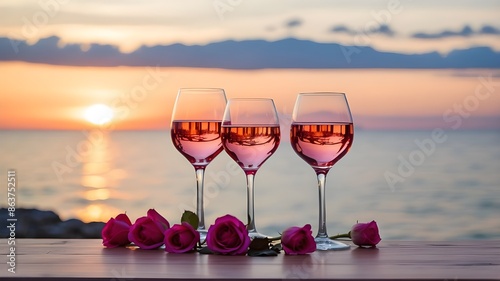 two glasses of red wine on the beach,sun and water back geround photo