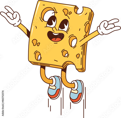 Cartoon cheese slice retro groovy breakfast character. Isolated vector dairy piece of cheese jumping with expressive eyes and giving playful peace hand gesture. Cheerful funky cheesy personage