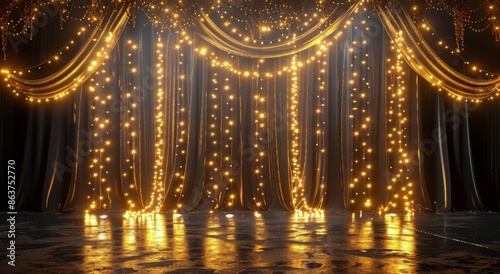 Black Drapes With Golden String Lights and Reflections