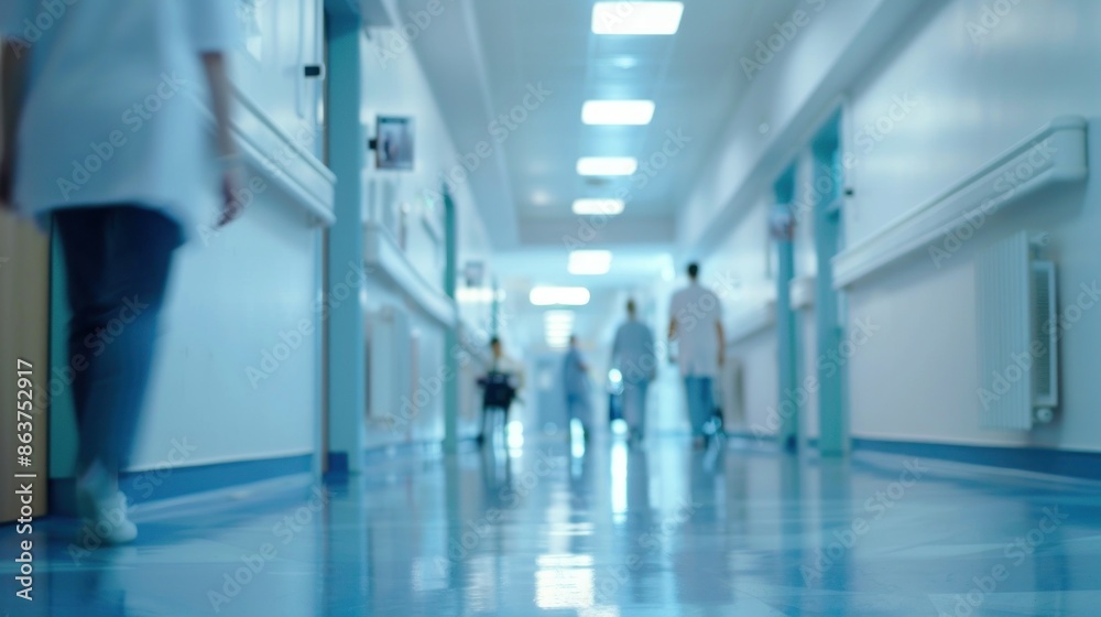 A blurred background of a wide corridor in a hospital, with medical staff and patients moving A blurred background of a wide corridor in a hospital, with medical staff and patients moving