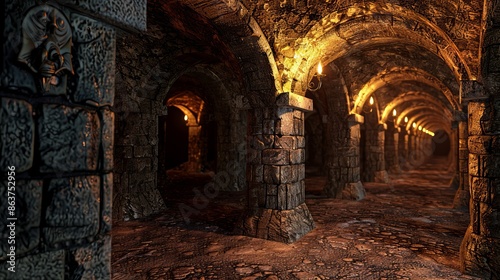 Ornate stone dungeon walls with archways under torchlight, revealing ancient construction.