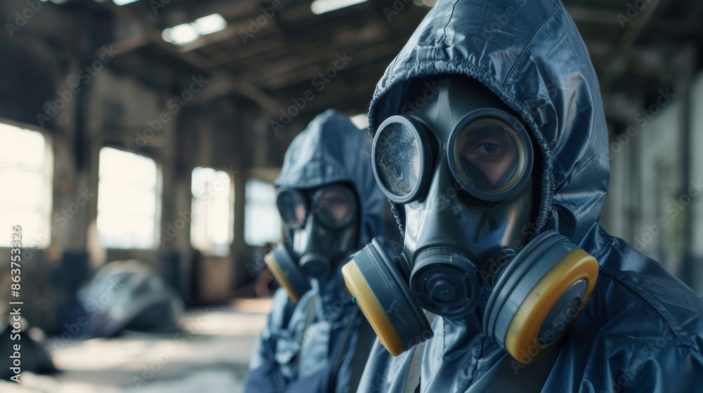 Naklejka premium Gas mask-wearing officers and technicians assess chemical spill damage in industrial warehouse for recovery and safety.