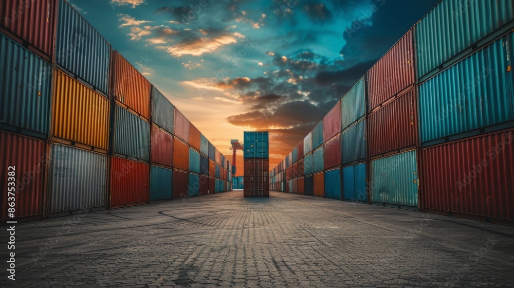 Fototapeta premium Optimize stacked cargo containers for storage, loading, unloading, and sorting at warehouse, enhancing cargo transportation efficiency.