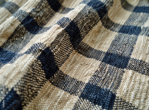 Close Up of Woven Fabric With Blue and Tan Checkered Pattern