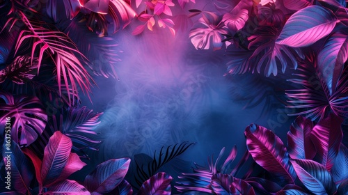 An abstract neon frame with a tropical forest motif, glowing with a soft, ethereal light that adds a magical touch to the design.