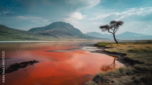 5. Discover the haunting beauty of Lake Natron, Tanzania, where the saline lake's vivid red hue and harsh environment paint a dramatic portrait of nature's raw power and elemental forces. photo