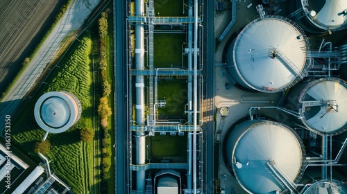 View of fermenters, biogas storage tanks in agricultural biogas plant. Biogas used in cogeneration units for electricity, heat production. biogas plant, cogeneration.