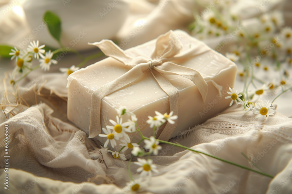 Handmade soap bars with camomile and floral decorations. Close-up studio shot. Spa and wellness concept Handmade soap bars with camomile and floral decorations. Close-up studio shot. Spa and wellness concept