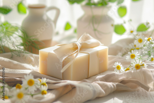 Handmade soap bars with camomile and floral decorations. Close-up studio shot. Spa and wellness concept