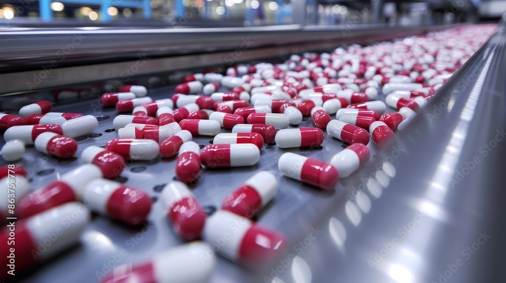 Obraz premium Pills sorted on high-speed conveyor, sterile pharmaceutical production facility
