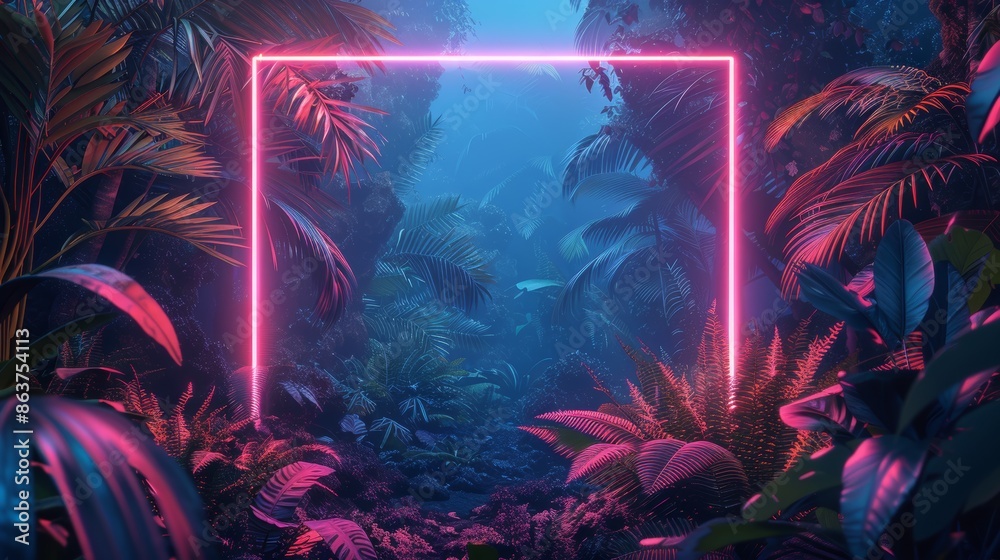 A dynamic illustration showcasing a neon-lit frame encasing an exotic jungle landscape, with intricate details of tropical foliage and vibrant hues. A dynamic illustration showcasing a neon-lit frame encasing an exotic jungle landscape, with intricate details of tropical foliage and vibrant hues.
