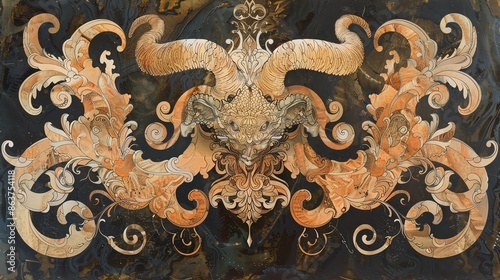 Botis A viperlike figure with two horns, amidst a swirl of elegant and detailed patterns, Art Nouveau photo