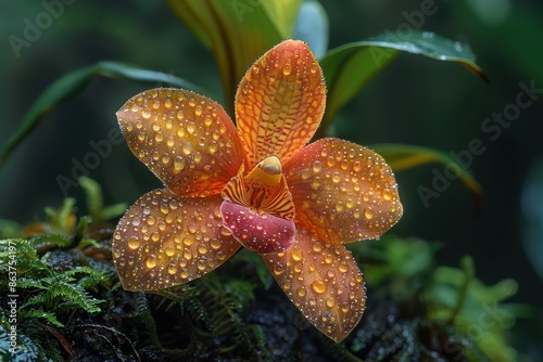 A miniature orchid nestles in moss-covered branches, showcasing its intricate blooms. Each petal, a natural marvel, draws pollinators with vivid colors and a subtle fragrance.