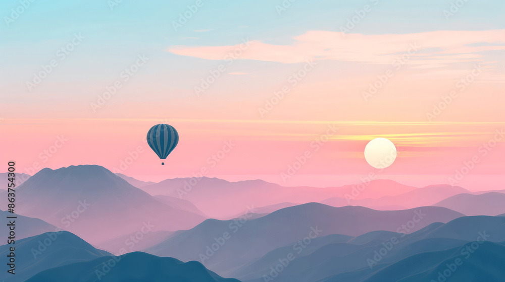 Hot Air Balloon Over Blue Mountains With Pastel Pink And Blue Sky Hot Air Balloon Over Blue Mountains With Pastel Pink And Blue Sky