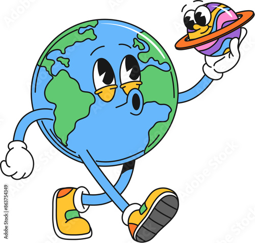 Cartoon Earth planet retro groovy space character walking while holding a small saturn in hand. Isolated vector globe personage has a surprised expression, capturing the essence of a fun and curiosity