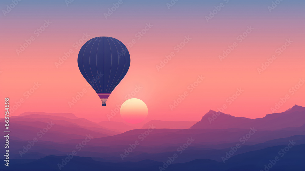 Fototapeta premium Hot Air Balloon Above Blue Mountain Peaks At Soft Pink Sunrise