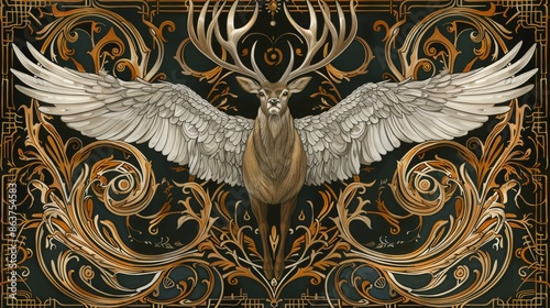 Furfur A winged hart stag, surrounded by intricate and flowing designs, Art Nouveau