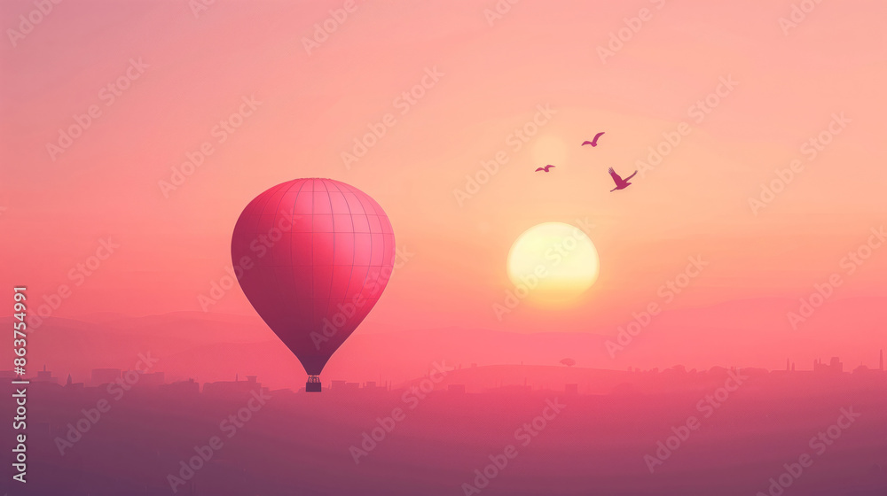 Hot Air Balloon And Birds Floating Above City During Soft Pink Sunrise Hot Air Balloon And Birds Floating Above City During Soft Pink Sunrise