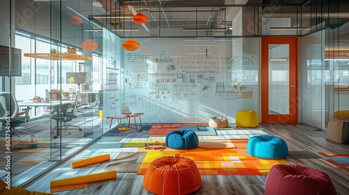 A modern officea??s brainstorming area with writable glass walls, colorful floor cushions, and a variety of idea generation tools