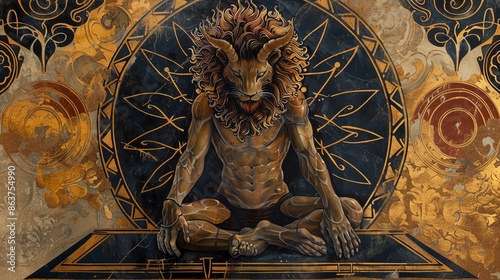 Marbas A lionheaded demon with a human body, seated regally, with ornate geometric and floral designs, Art Nouveau photo