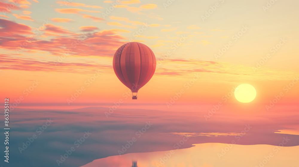 Obraz premium Hot Air Balloon Above Clouds During Vibrant Sunrise With Reflective Waters