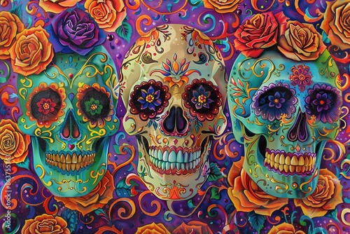 Day of the dead beautiful colorful illustration, sugar skull decorated with flowers