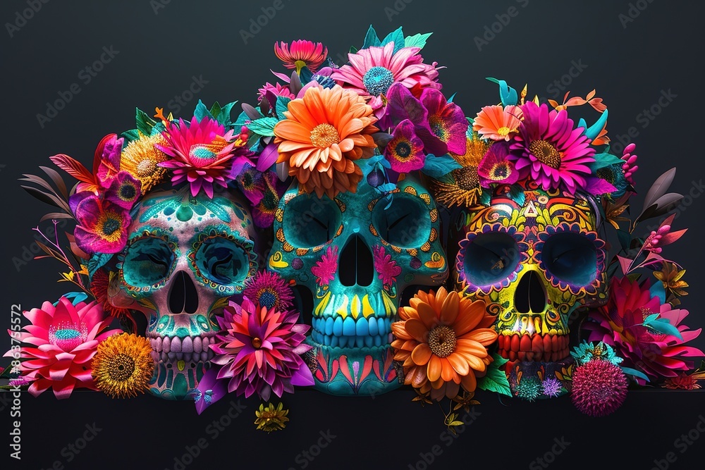 Day of the dead beautiful colorful illustration, sugar skull decorated with flowers Day of the dead beautiful colorful illustration, sugar skull decorated with flowers
