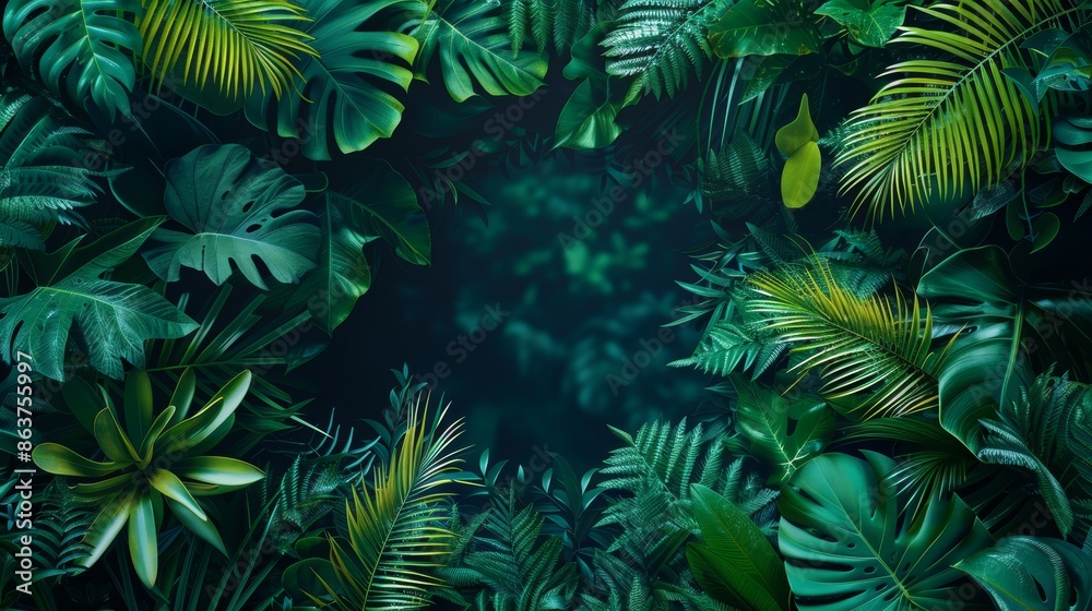 Fototapeta premium A creative frame design with neon tropical leaves forming a border, suitable for highlighting content in a bold and eye-catching way.