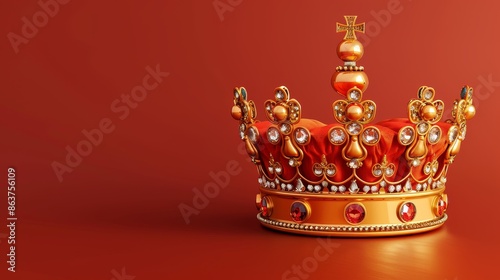 Royal crown on pillow, UK monarchy symbol, copyspace left
