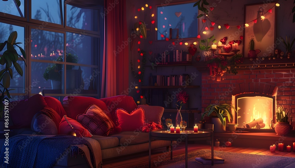 A cozy living room decorated for Valentine's Day with a fireplace, candles, and heart-shaped lights A cozy living room decorated for Valentine's Day with a fireplace, candles, and heart-shaped lights