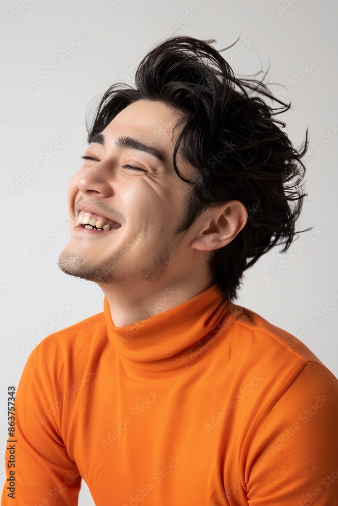 Photo of a handsome young smiling man with black hair wearing an orange turtleneck, looking to the side and laughing on a white background, half body shot, studio photo, minimalist style, soft light, Photo of a handsome young smiling man with black hair wearing an orange turtleneck, looking to the side and laughing on a white background, half body shot, studio photo, minimalist style, soft light,