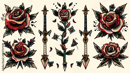 Fototapeta Naklejka Na Ścianę i Meble -  Strikingly outlined American traditional tattoo featuring vibrant roses and daggers on a minimalistic backdrop.