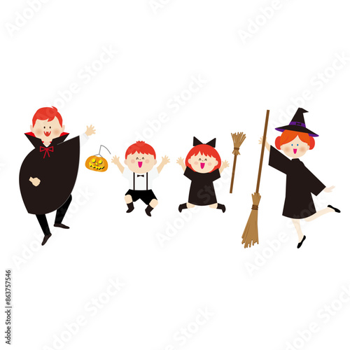 ハロウィンで仮装を楽しむ家族のイラスト